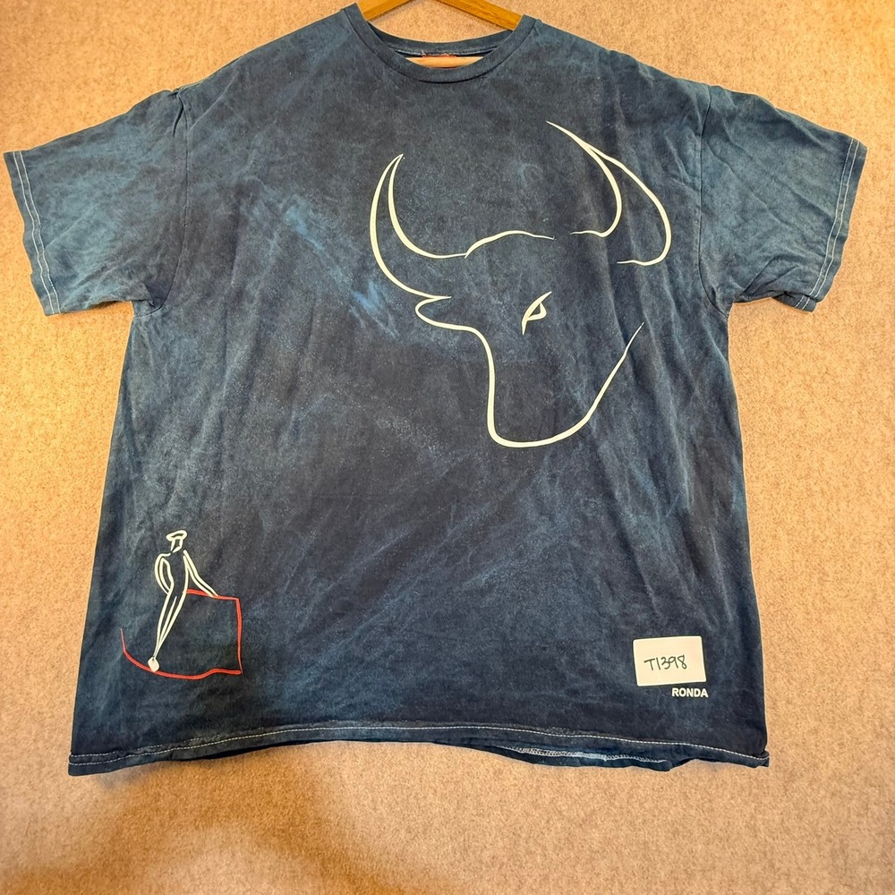 Burladero‎ Ronda Bull Matador Graphic T-Shirt Blue Marble Acid Wash Mens 2XL